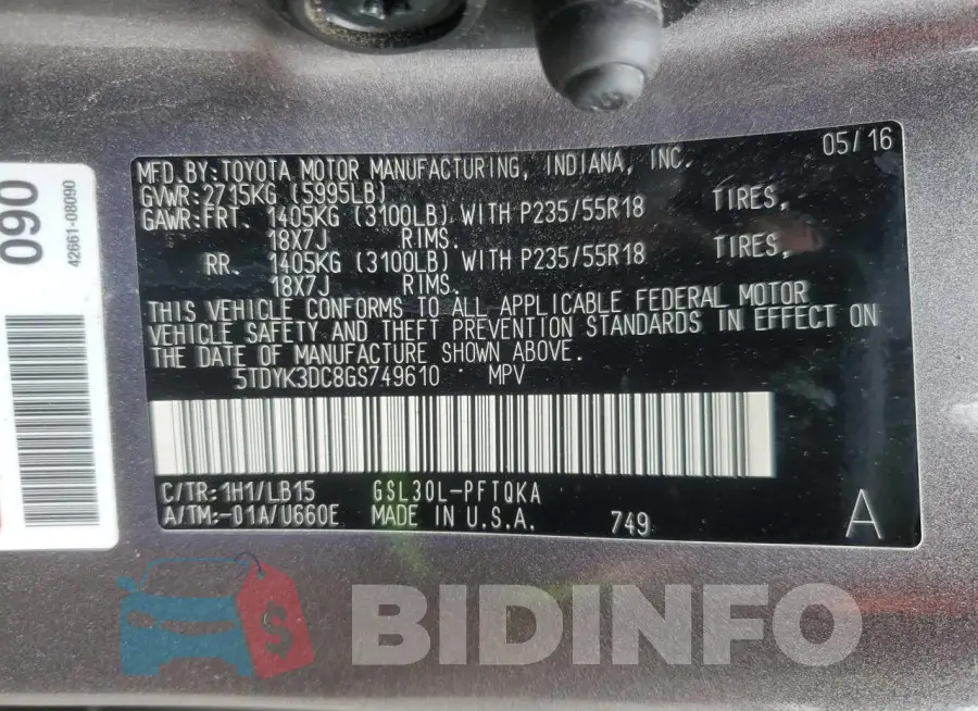 5TDYK3DC8GS749610 Photo# 13