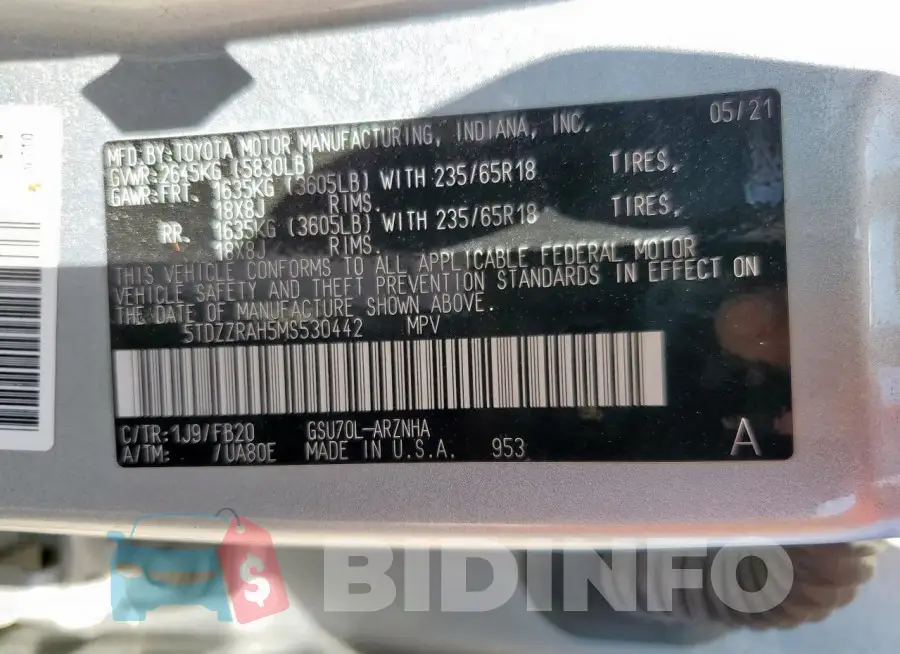 5TDZZRAH5MS530442 Photo# 14