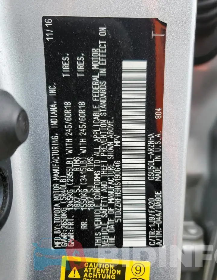 5TDZZRFH9HS190646 Photo# 13