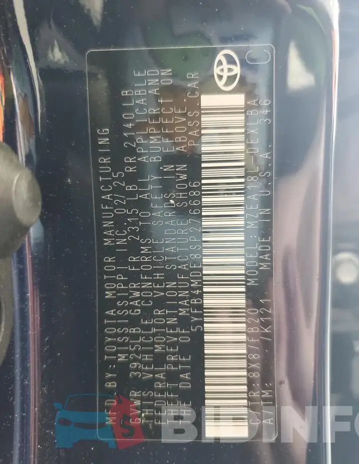 5YFB4MDE8SP276686 Photo# 12