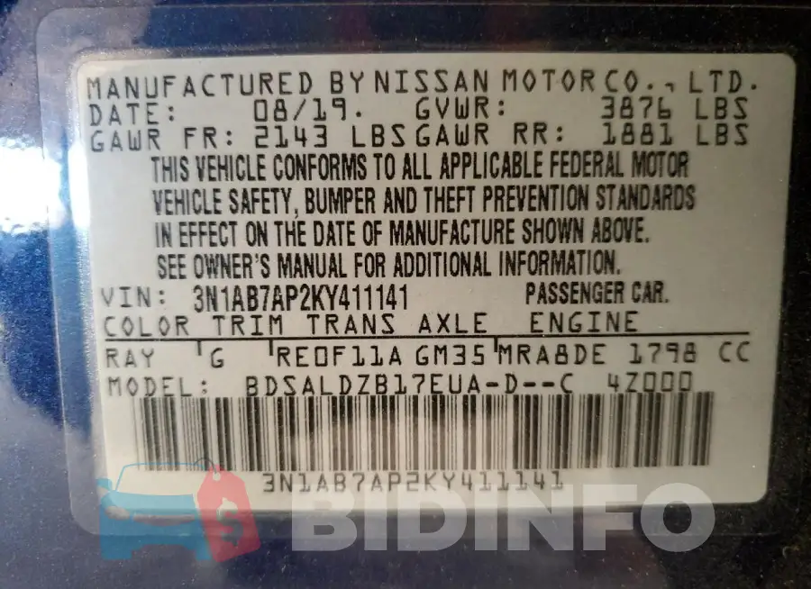 3N1AB7AP2KY411141 Photo# 12