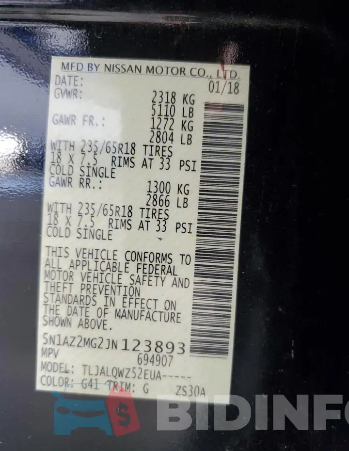 5N1AZ2MG2JN123893 Photo# 12