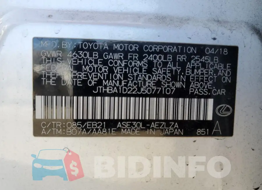 JTHBA1D22J5077107 Photo# 12