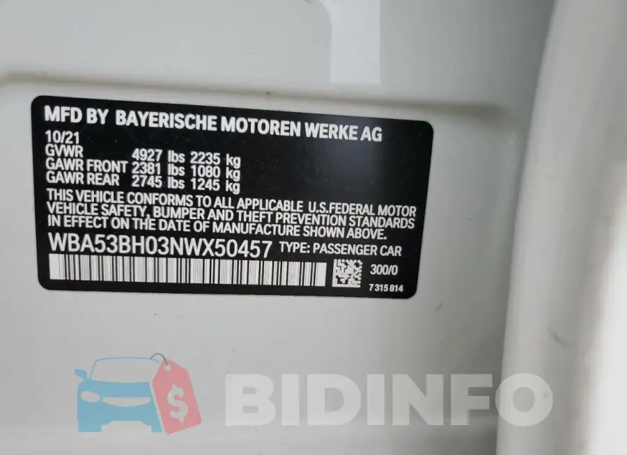 WBA53BH03NWX50457 Photo# 12