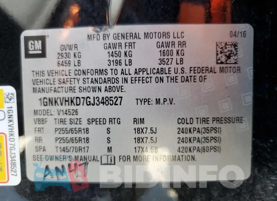 1GNKVHKD7GJ348527 Photo# 14