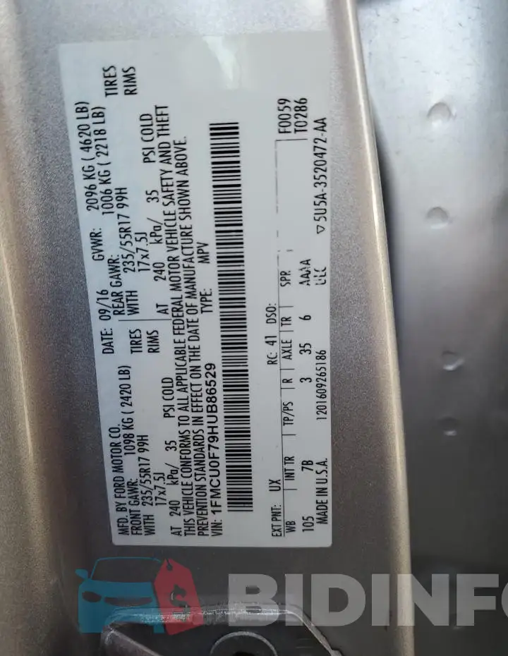 1FMCU0F79HUB86529 Photo# 13