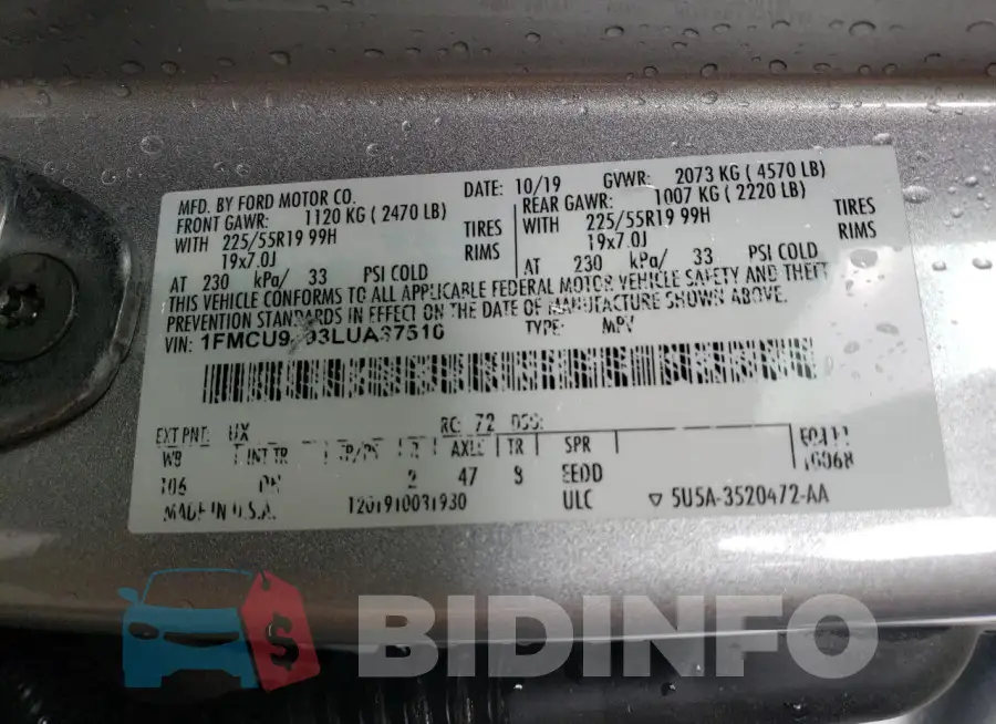 1FMCU9J93LUA37510 Photo# 12