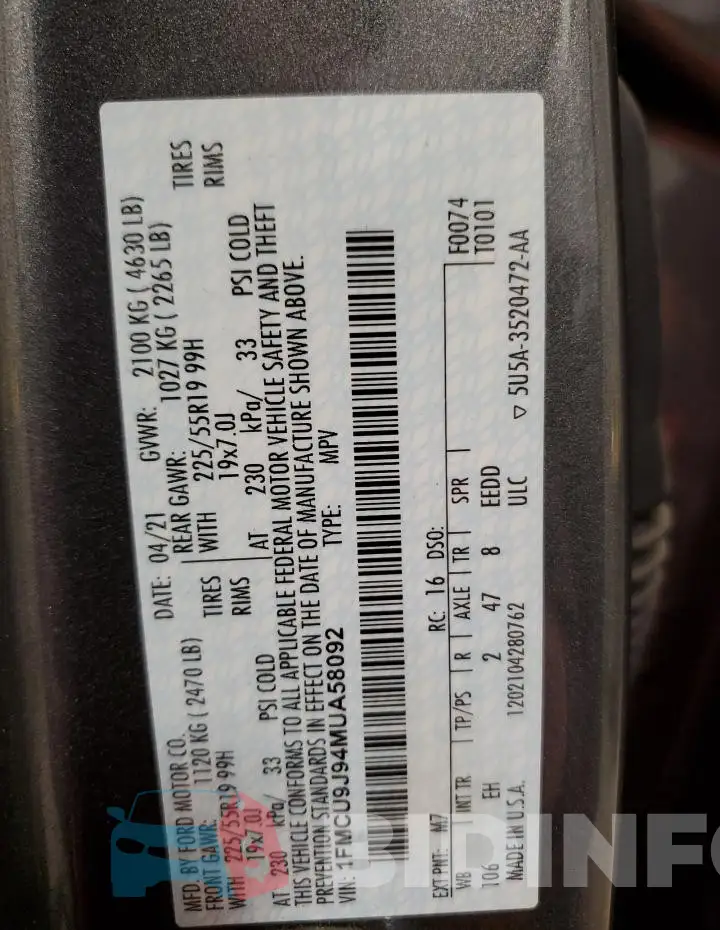 1FMCU9J94MUA58092 Photo# 12