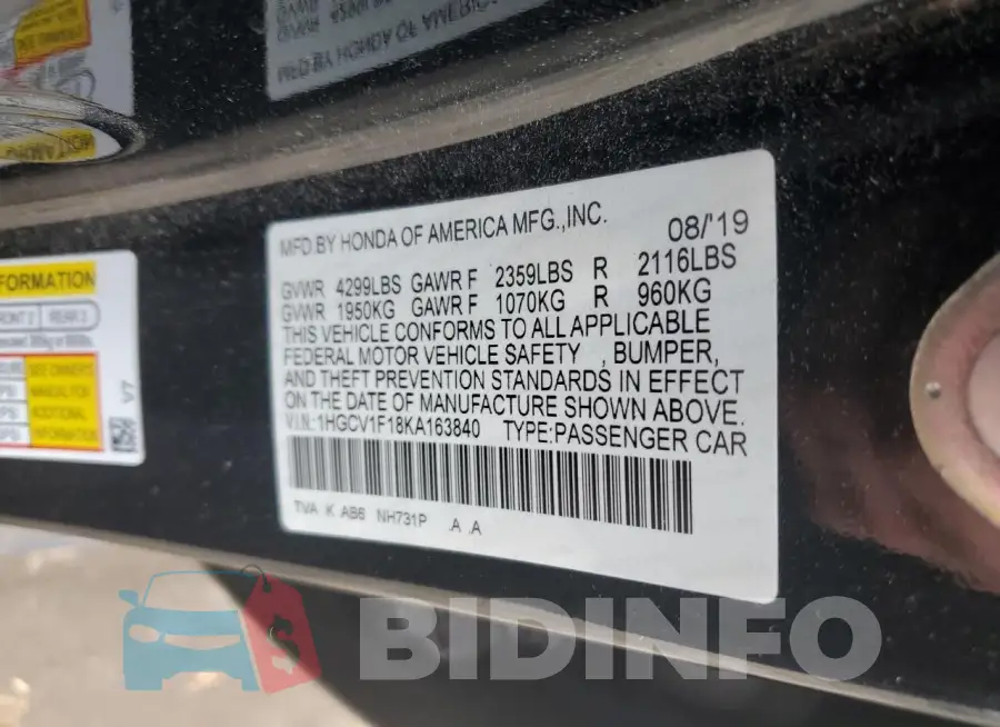 1HGCV1F18KA163840 Photo# 12