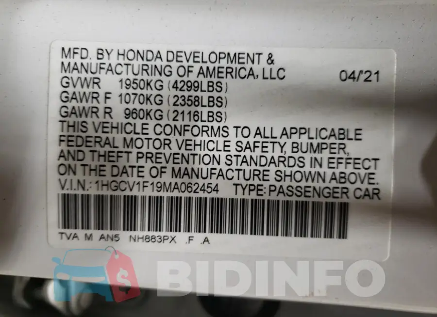 1HGCV1F19MA062454 Photo# 12