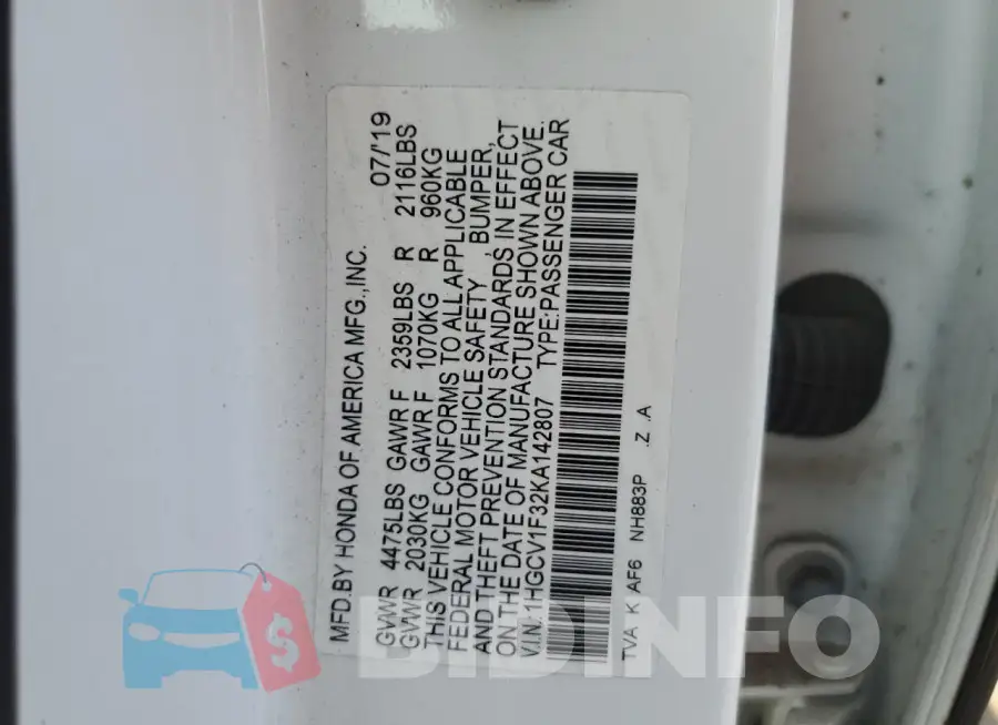 1HGCV1F32KA142807 Photo# 12