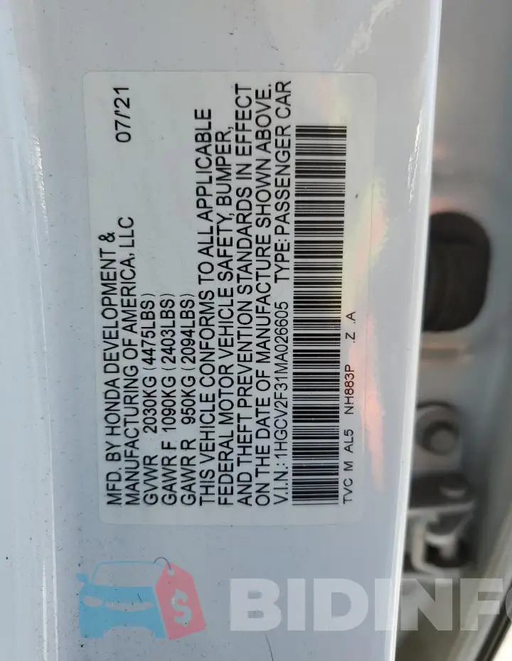 1HGCV2F31MA026605 Photo# 12
