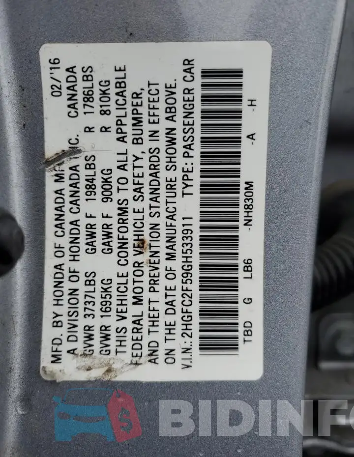 2HGFC2F59GH533911 Photo# 13