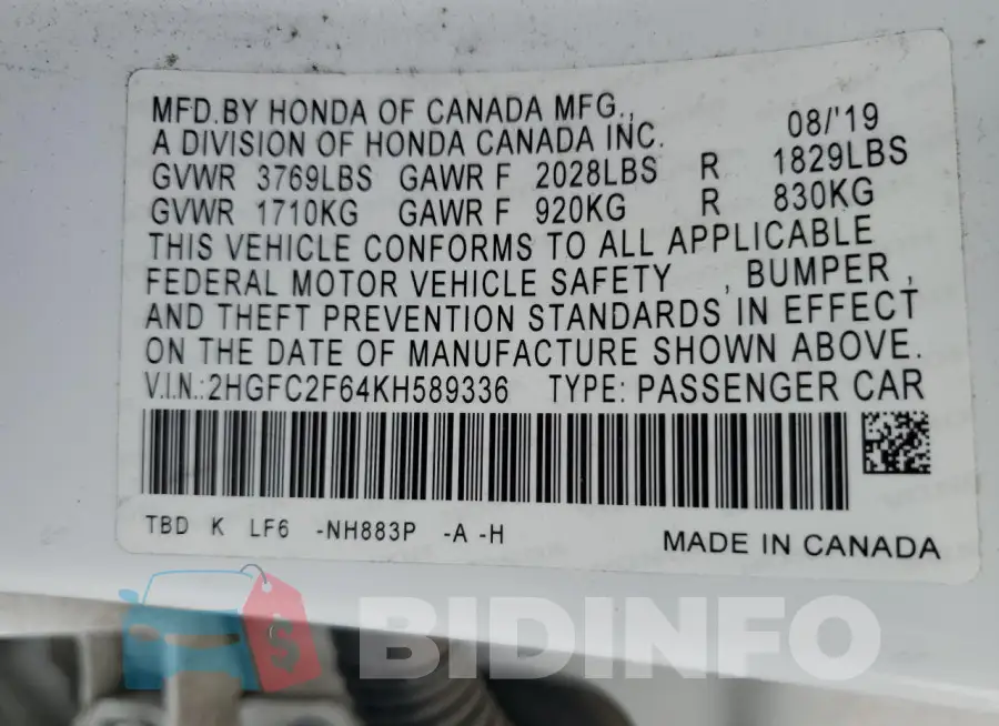 2HGFC2F64KH589336 Photo# 12