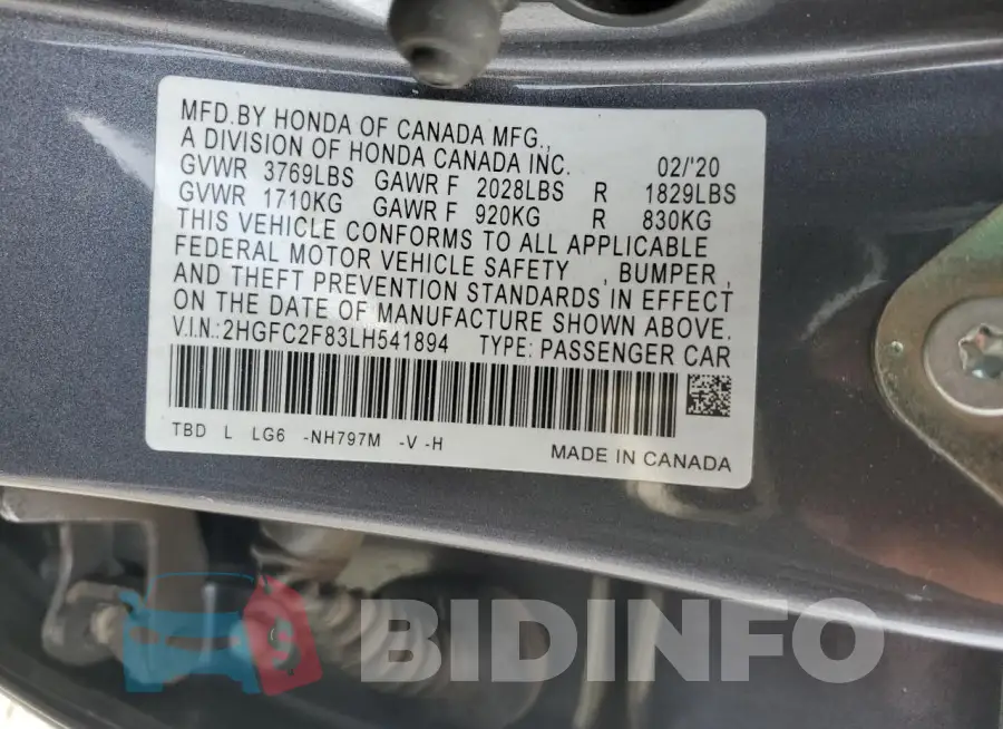2HGFC2F83LH541894 Photo# 12