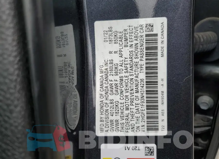 2HGFE1F93NH314236 Photo# 12