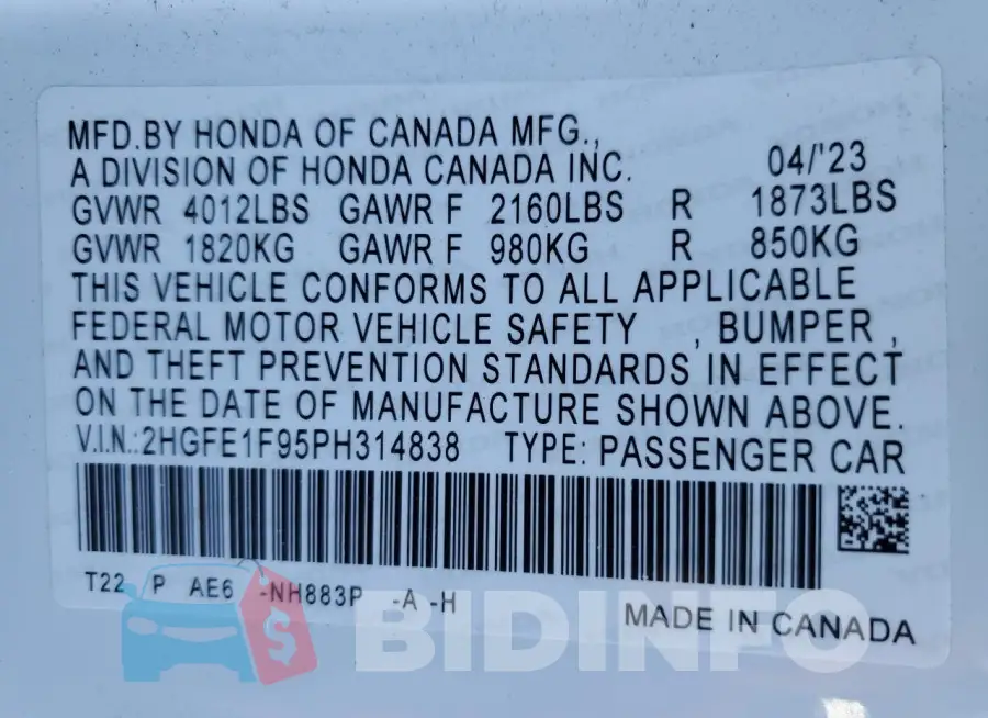 2HGFE1F95PH314838 Photo# 13