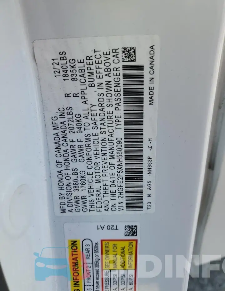 2HGFE2F5XNH560090 Photo# 12