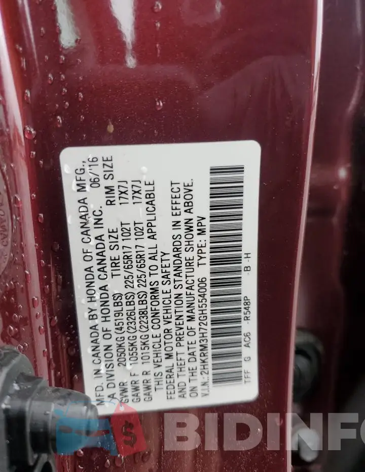 2HKRM3H72GH554006 Photo# 13