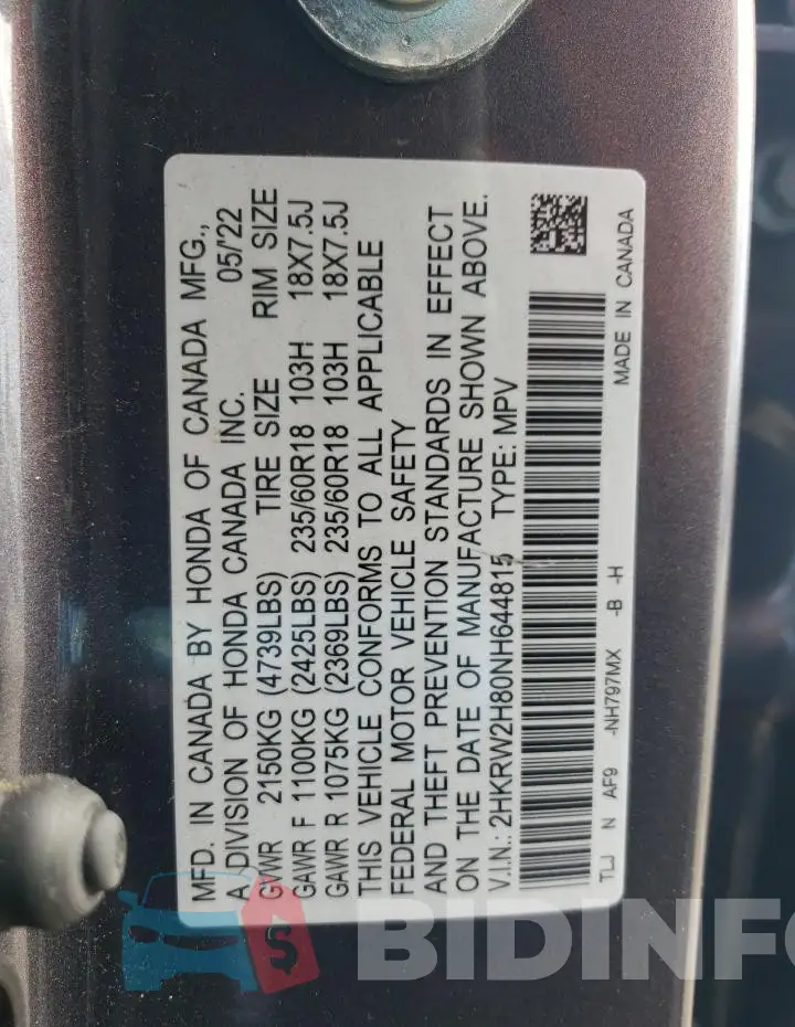 2HKRW2H80NH644815 Photo# 13