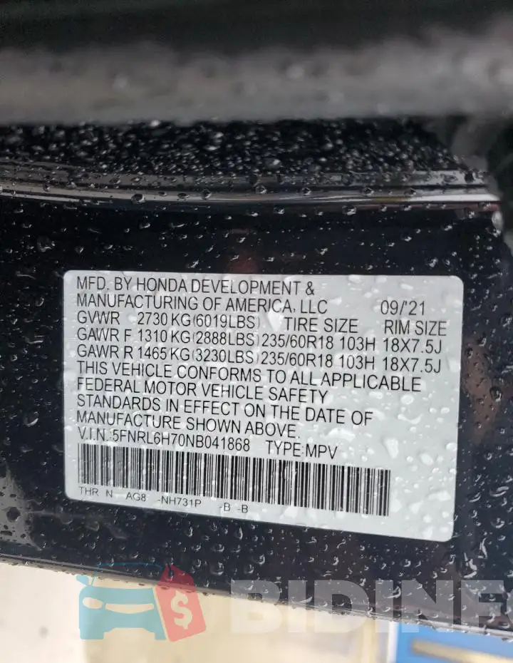 5FNRL6H70NB041868 Photo# 13