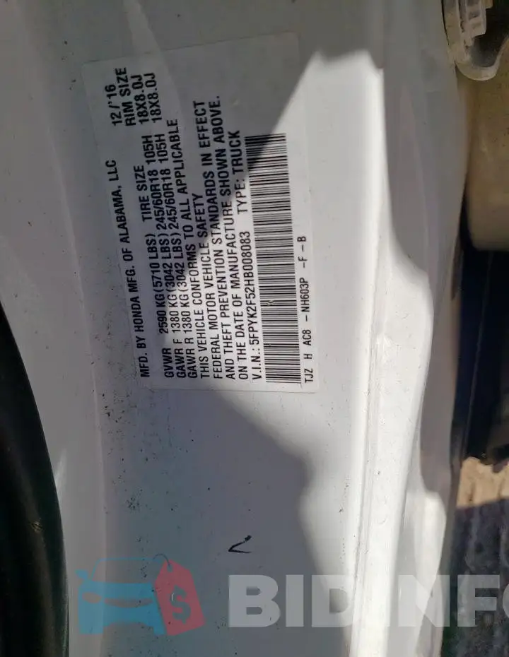 5FPYK2F52HB008083 Photo# 12