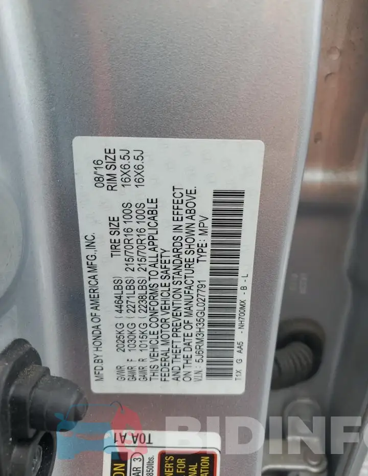 5J6RM3H35GL027791 Photo# 13