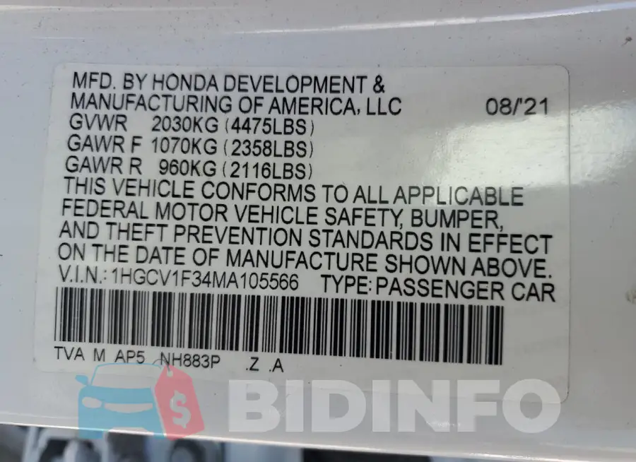 1HGCV1F34MA105566 Photo# 12