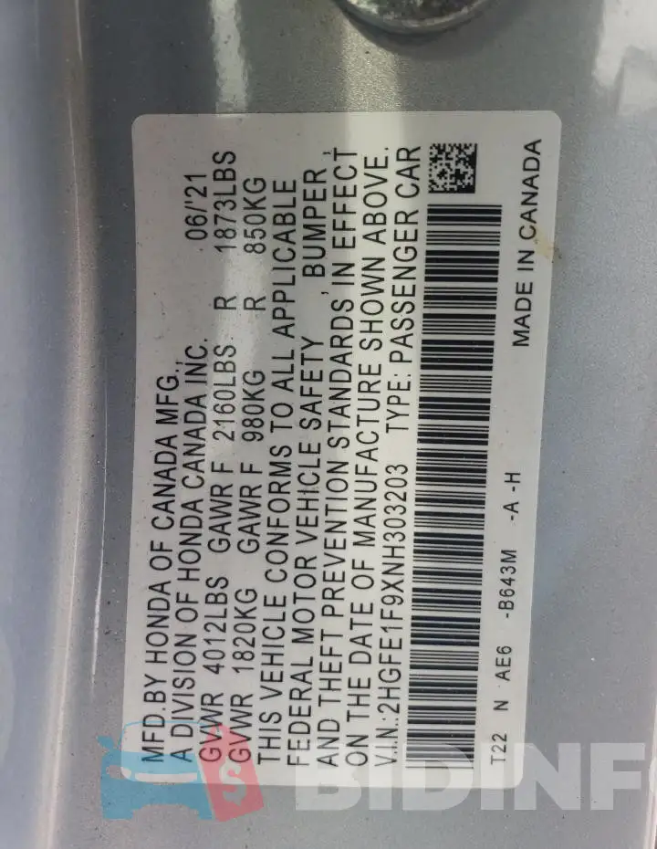 2HGFE1F9XNH303203 Photo# 12