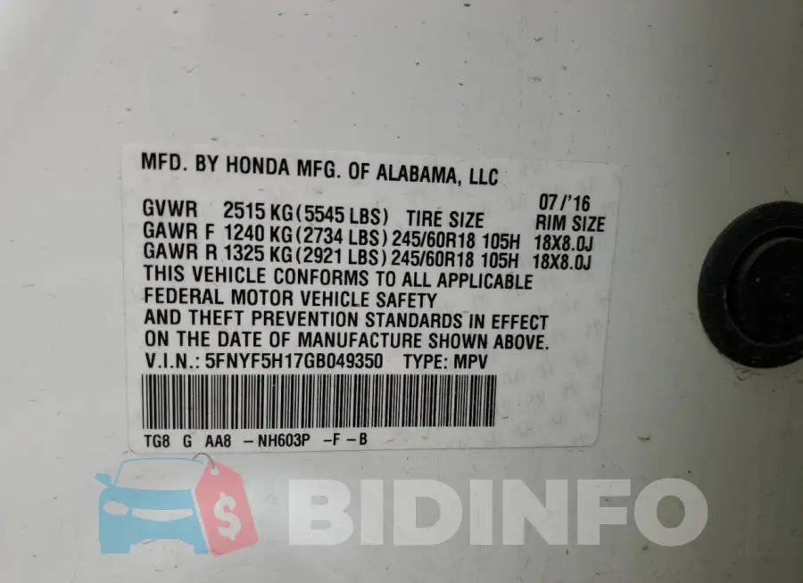 5FNYF5H17GB049350 Photo# 14