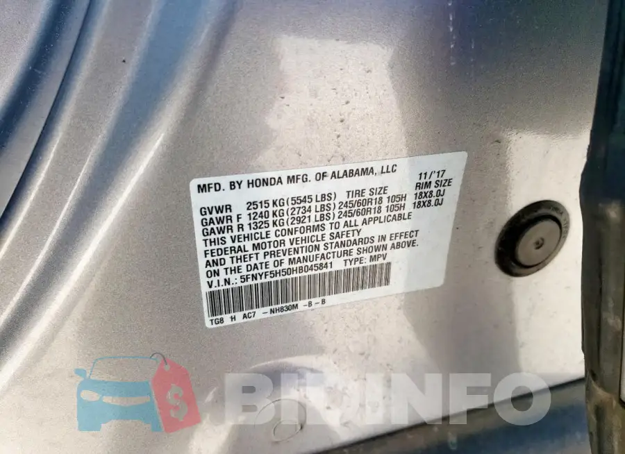 5FNYF5H50HB045841 Photo# 13