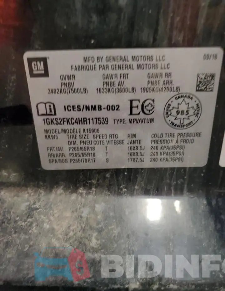1GKS2FKC4HR117539 Photo# 13