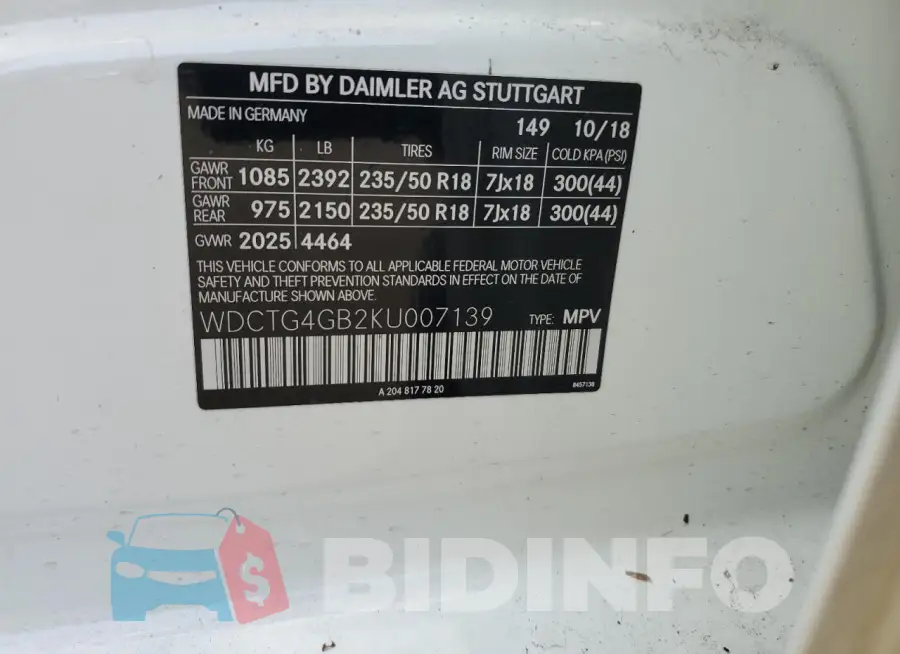 WDCTG4GB2KU007139 Photo# 12