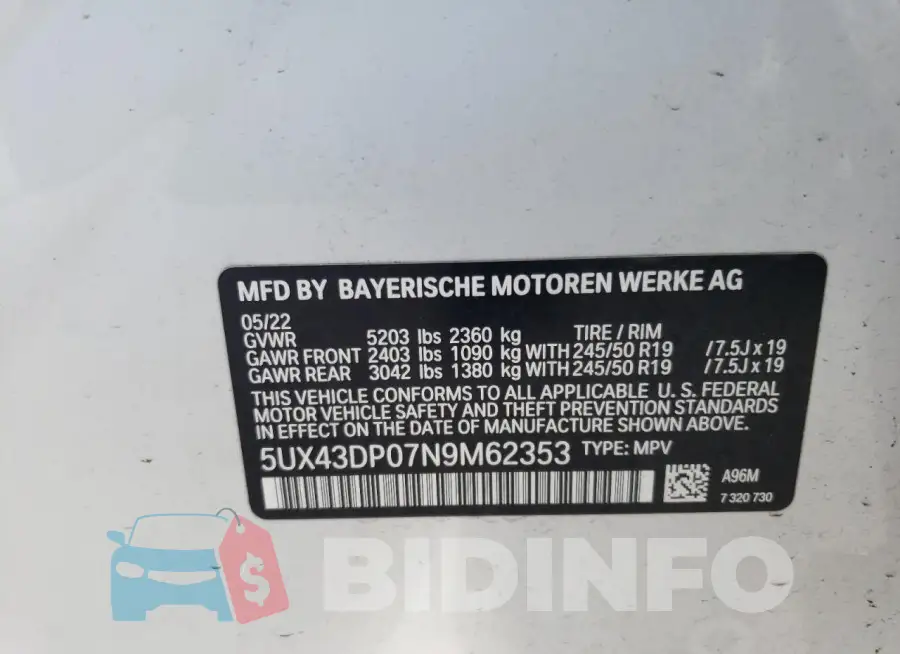 5UX43DP07N9M62353 Photo# 13