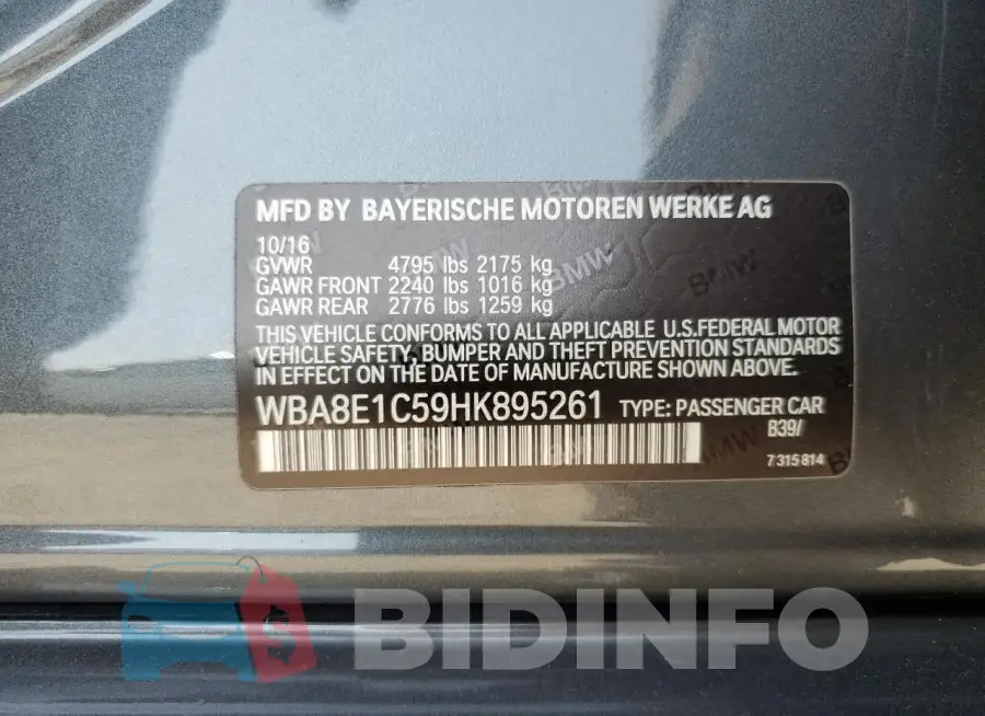 WBA8E1C59HK895261 Photo# 12