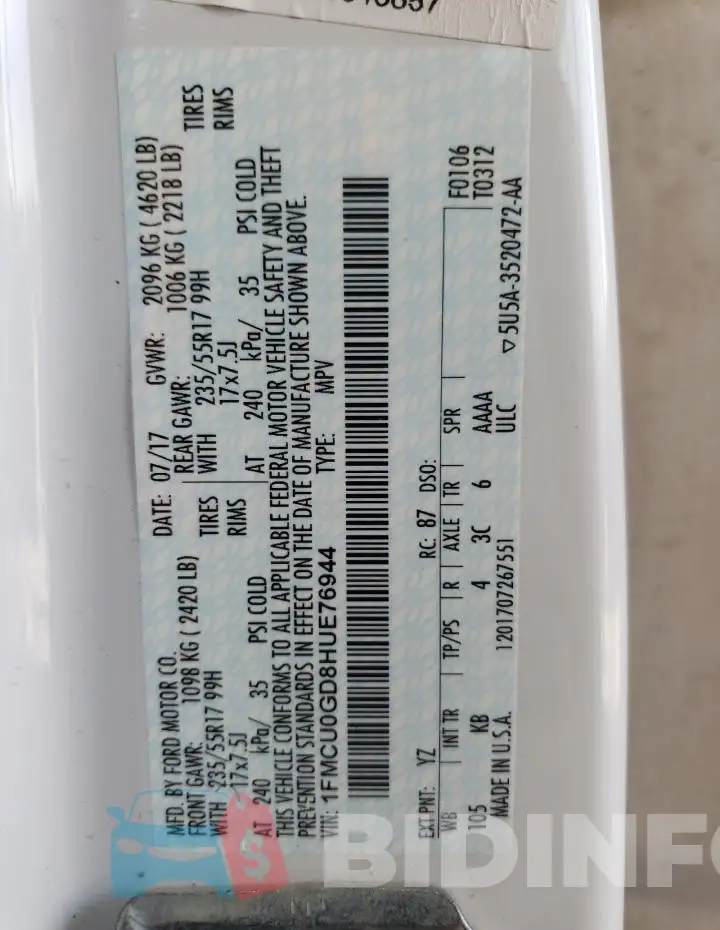 1FMCU0GD8HUE76944 Photo# 14