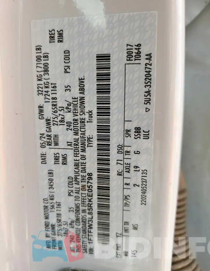 1FTFW3L85RKE05798 Photo# 12