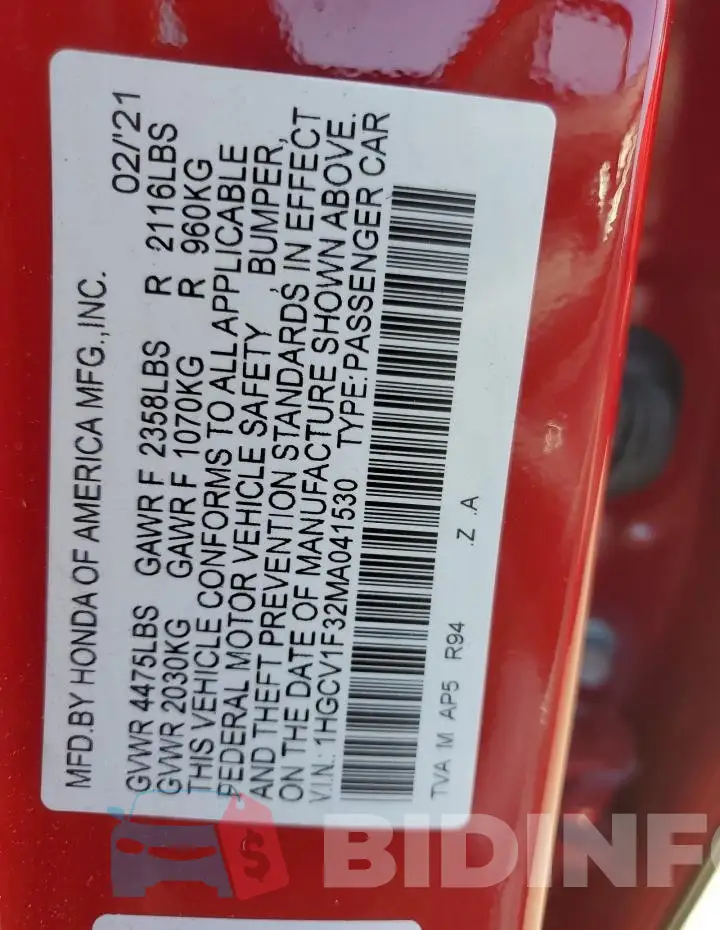 1HGCV1F32MA041530 Photo# 13