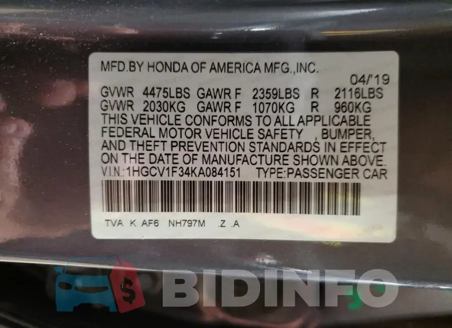 1HGCV1F34KA084151 Photo# 12