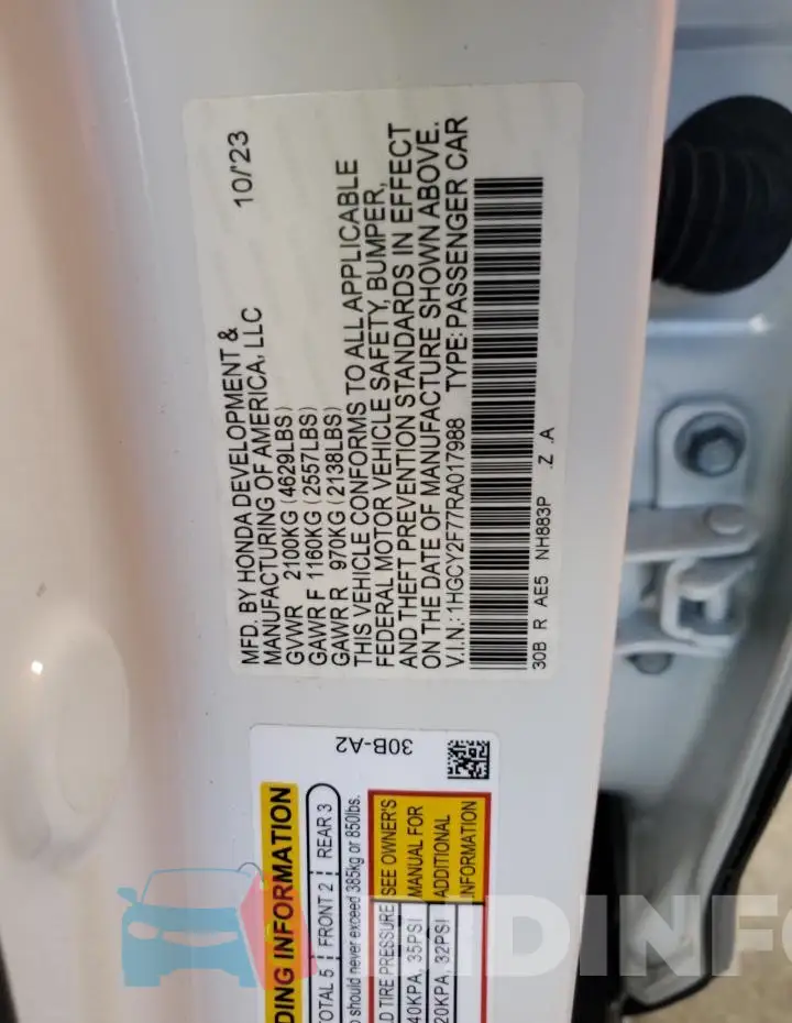 1HGCY2F77RA017988 Photo# 13