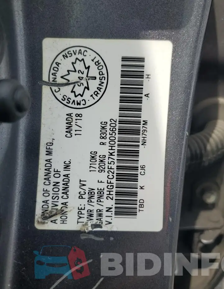 2HGFC2F57KH005602 Photo# 13
