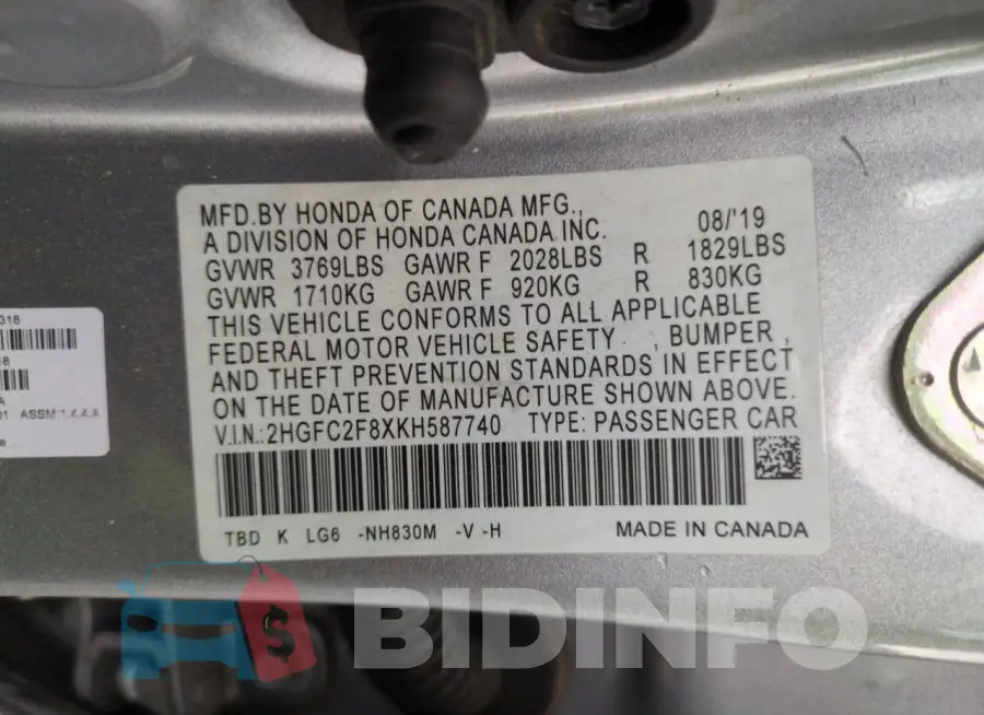 2HGFC2F8XKH587740 Photo# 13