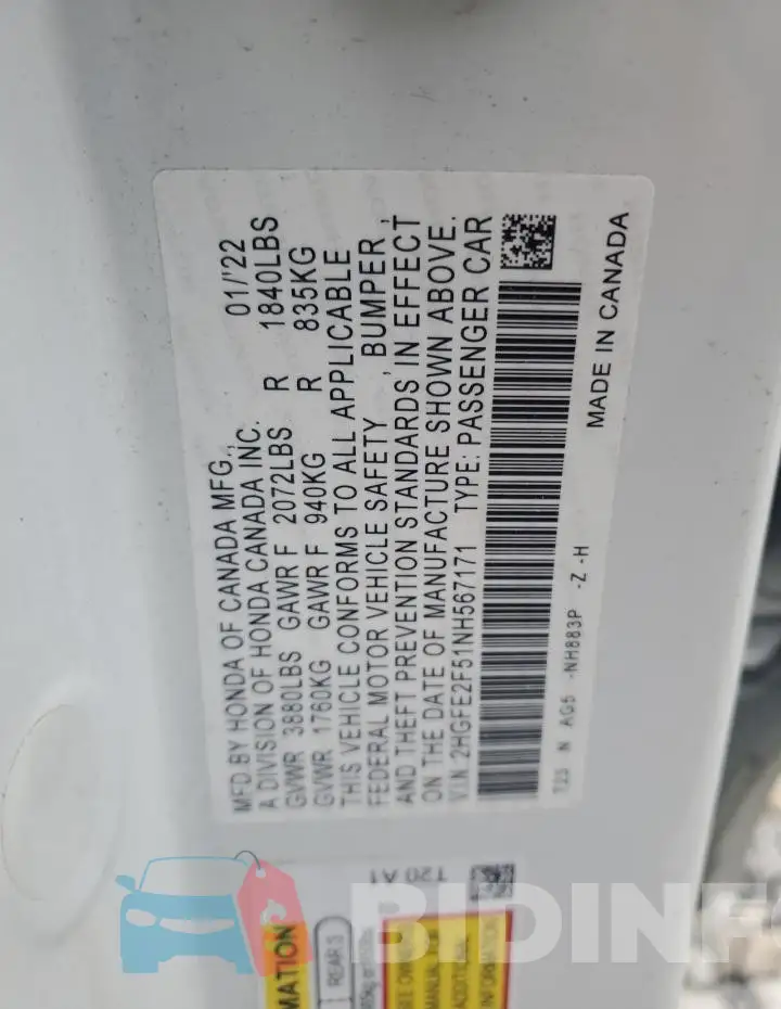 2HGFE2F51NH567171 Photo# 13