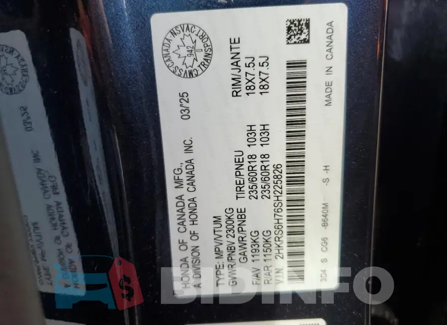 2HKRS6H76SH225826 Photo# 13