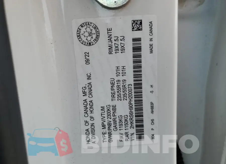 2HKRS6H90PH200073 Photo# 14