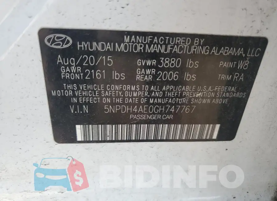 5NPDH4AE0GH747767 Photo# 12