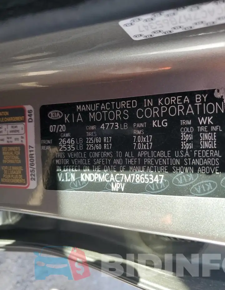 KNDPMCAC7M7865347 Photo# 13