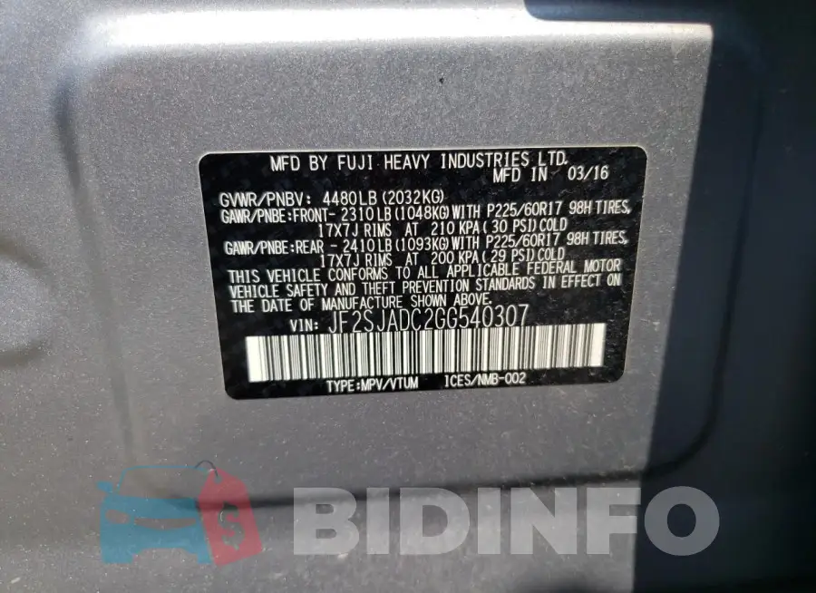 JF2SJADC2GG540307 Photo# 14