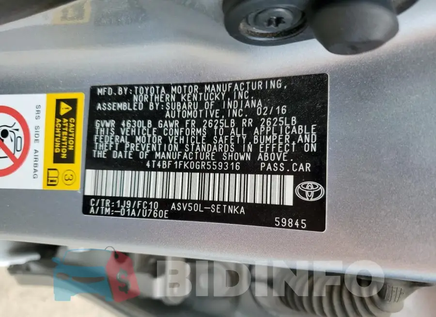 4T4BF1FK0GR559316 Photo# 12