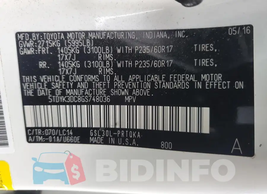 5TDYK3DC8GS748036 Photo# 13